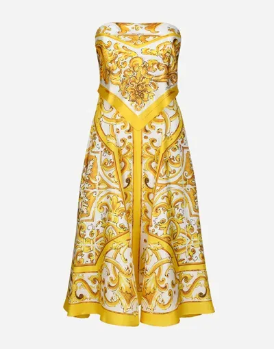 Dolce & Gabbana Midi Dress With Foulard Effect In Majolica-print Silk Charmeuse