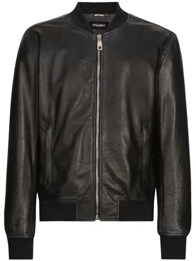 Dolce & Gabbana Zip-up Leather Bomber Jacket In Blue