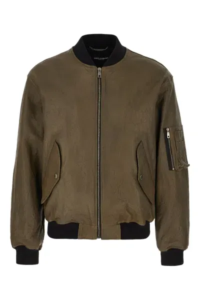 Dolce & Gabbana Military Green Leather Padded Jacket In Verde Mare 2