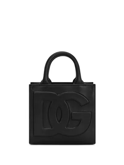 Dolce & Gabbana Mini Dg Daily Shopping Bag In Calf Leather With Front Logo In Black