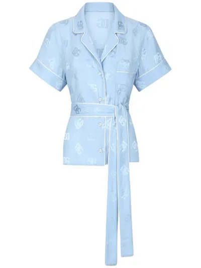 Dolce & Gabbana Monogram-jacquard Tied-waist Shirt In Blue