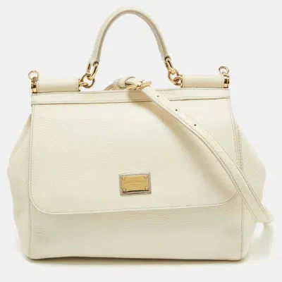 Pre-owned Dolce & Gabbana Off White Leather Medium Miss Sicily Top Handle Bag