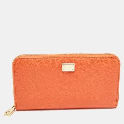 Pre-owned Dolce & Gabbana Orange Leather Zip Around Wallet