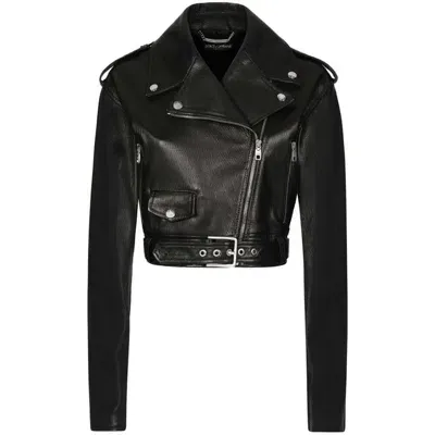 Dolce & Gabbana Cropped Leather Biker Jacket In ブラック