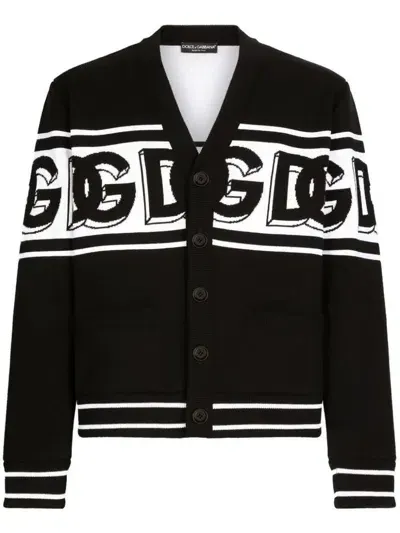 Dolce & Gabbana Logo-intarsia V-neck Cardigan In Black