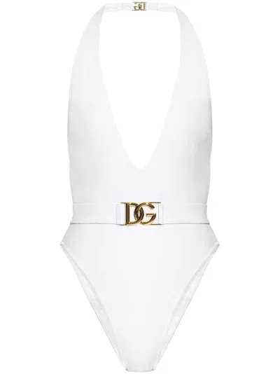 Dolce & Gabbana Plunge-neck Belted Swimsuit In White