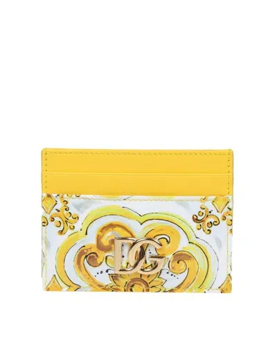 Dolce & Gabbana Polished Leather Card Holder With Maiolica Print In Yellow