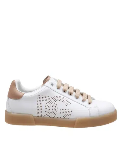 Dolce & Gabbana Portofino Light Sneakers In White And Beige Leather