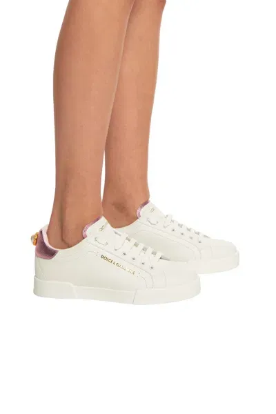 Dolce & Gabbana Calfskin Nappa Portofino Sneakers With Lettering In Bianco Rosa