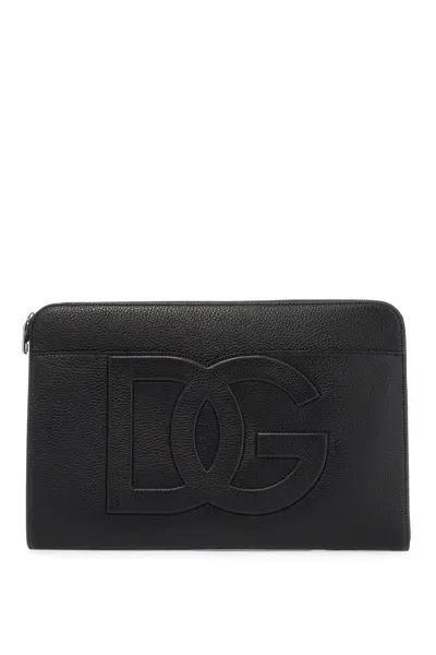 Dolce & Gabbana Pouch Grande In Pelle Martellata In Black