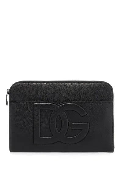 Dolce & Gabbana Pouch Media In Pelle Martellata In Black