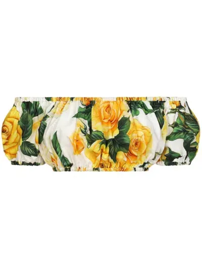 Dolce & Gabbana Cotton Cropped Top With Roses Print In Yellow