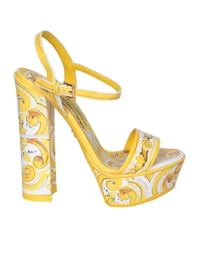 Dolce & Gabbana Keira Printed Leather Platform Sandals In Yellow