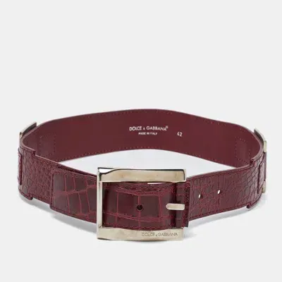 Pre-owned Dolce & Gabbana Red Croc Embossed Leather Buckle Belt In Burgundy