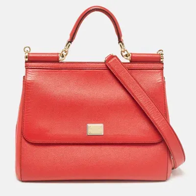 Pre-owned Dolce & Gabbana Red Leather Large Miss Sicily Top Handle Bag