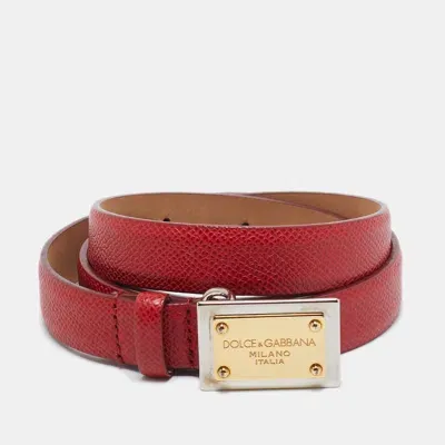 Pre-owned Dolce & Gabbana Red Leather Logo Plaque Slim Belt 85 Cm