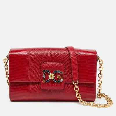 Pre-owned Dolce & Gabbana Red Lizard Embossed Leather Dg Millennials Shoulder Bag