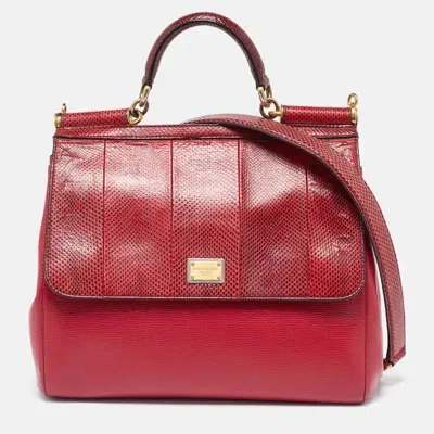 Pre-owned Dolce & Gabbana Red Watersnake And Leather Large Miss Sicily Top Handle Bag