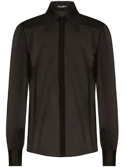 Dolce & Gabbana Floral Appliqué Silk Shirt With Mesh Panels In Black