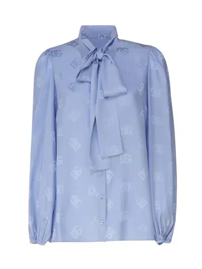 Dolce & Gabbana Shirt With Bow And Allover Logo In Light Purple