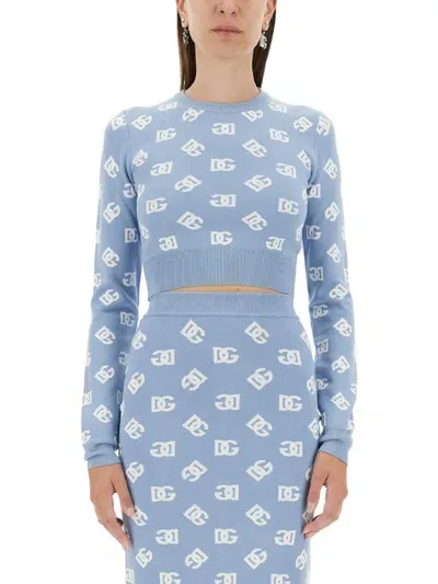 Dolce & Gabbana Short Jacquard Viscose Sweater In Azure