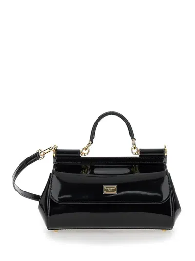 Dolce & Gabbana Sicily Black Handbag With Logo Plaque In Patent Leather Woman