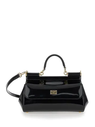 Dolce & Gabbana 'sicily' Black Handbag With Logo Plaque In Patent Leather Woman