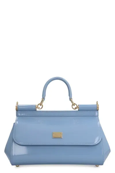 Dolce & Gabbana Sicily Media Patent Leather Handbag In Light Blue