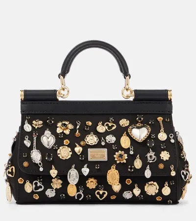 Dolce & Gabbana Sicily Small Embellished Leather Tote Bag In Black