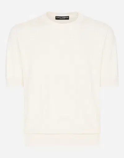 Dolce & Gabbana Silk Jacquard Round-neck Sweater With Dg Logo In White