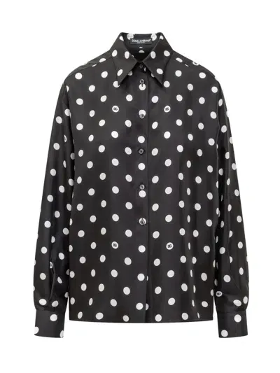 Dolce & Gabbana Silk Twill Polka Dot Shirt In Black