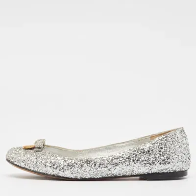 Pre-owned Dolce & Gabbana Silver Glitter Bow Ballet Flats Size 37.5