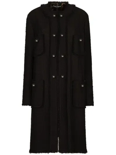 Dolce & Gabbana Fringed Wool-blend Tweed Coat In Black