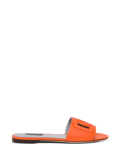 Dolce & Gabbana Calfskin Sliders With Dg Millennials Logo In Orange