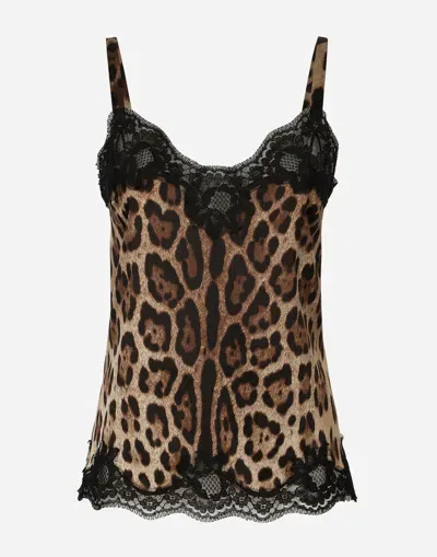 Dolce & Gabbana Slip Top Aus Satin Leoprint Mit Spitze In Multicolor