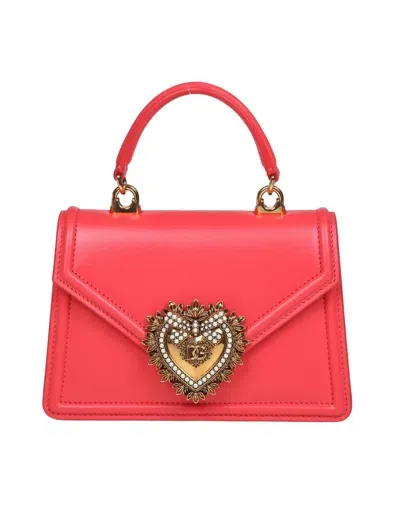 Dolce & Gabbana Small Devotion Handbag In Coral Leather In Burgundy