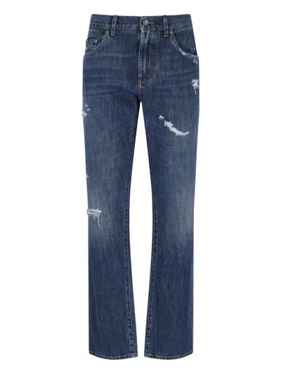 Dolce & Gabbana Straight Leg Jeans With Ripped Details In Blue