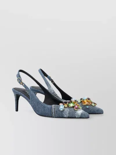 Dolce & Gabbana Denim Crystal Slingback Pumps In Blue