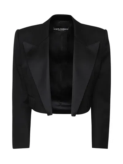 Dolce & Gabbana Wool Blend Cropped Tuxedo Jacket In Black