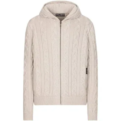 Dolce & Gabbana Cashmere And Wool Zip-up Hoodie With Dg Patch In Beige