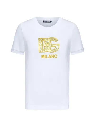 Dolce & Gabbana Dg-embroidered Cotton T-shirt In While,yellow