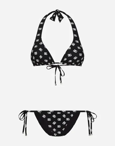 Dolce & Gabbana Triangle Bikini With Dg Logo Print In Black