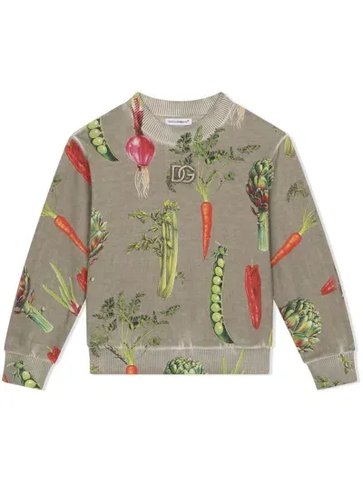 Dolce & Gabbana Kids' Vegetable-print Crew-neck Sweatshirt In Grey