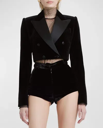 Dolce & Gabbana Velvet Double-breasted Crop Jacket In Black