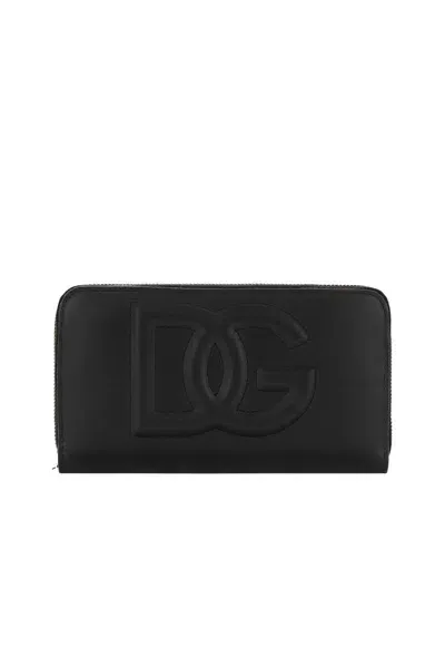 Dolce & Gabbana Dg Logo Leather Zip-around Wallet In Black