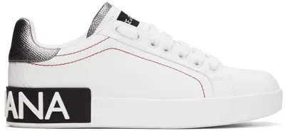 Dolce & Gabbana White Calfskin Nappa Portofino Sneakers In 8b441 Bianco/argento