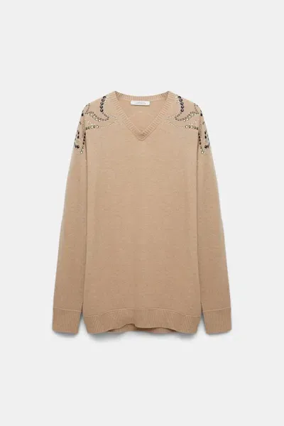 Dorothee Schumacher Embellished Merino-cashmere Pullover In Beige