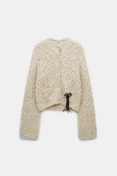 Dorothee Schumacher Wool Blend Textured Knit Cropped Cardigan With Brooch In Beige