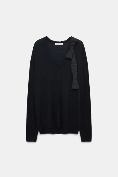 Dorothee Schumacher Wool-cashmere V-neck Sweater With Bow Tie In Black