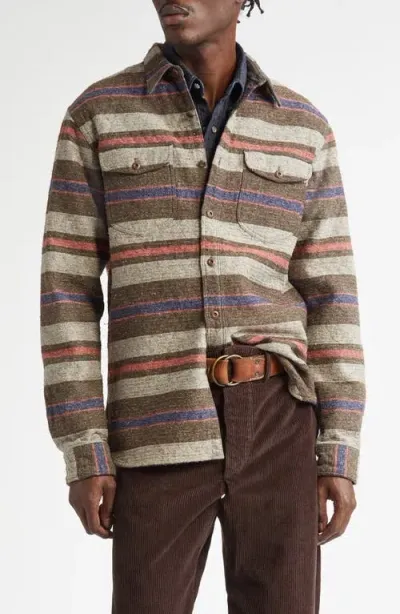 Double Rl Stripe Cotton Blend Button-up Shirt In Brown Multi